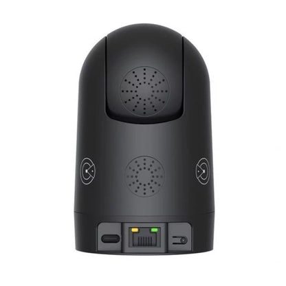 Zwarte Foscam R8M indoor beveiligingscamera met pan- en tilt-lens, luidsprekerrooster en aansluitingen aan de achterzijde.