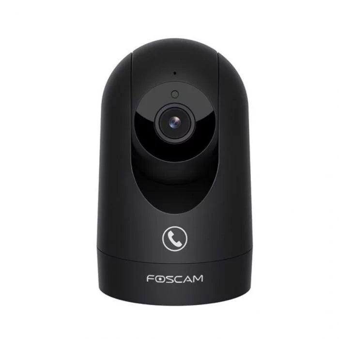 Zwarte Foscam R8M indoor WiFi beveiligingscamera met draaibare lens en belfunctie voor tweewegcommunicatie.