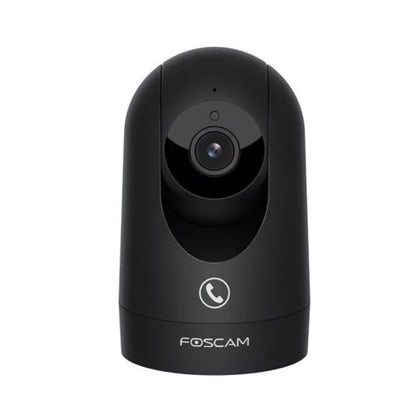 Zwarte Foscam R8M indoor WiFi beveiligingscamera met draaibare lens en belfunctie voor tweewegcommunicatie.