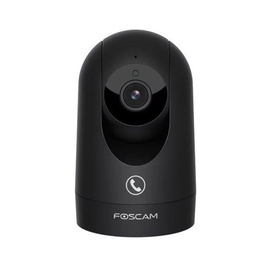 Zwarte Foscam R8M indoor WiFi beveiligingscamera met draaibare lens en belfunctie voor tweewegcommunicatie.