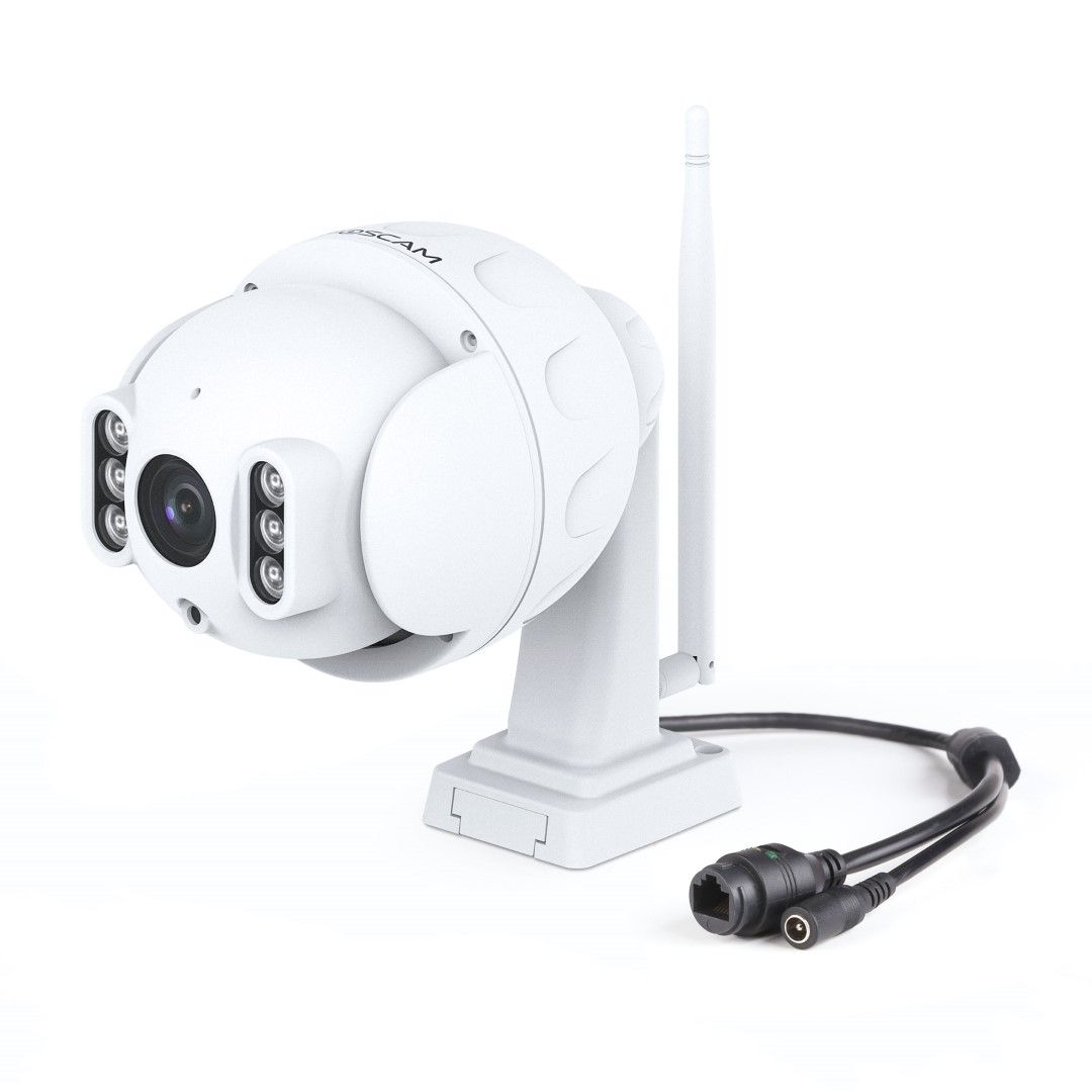 Witte Foscam SD4 outdoor PTZ beveiligingscamera met 4MP lens, infrarood nachtzicht en WiFi-antenne op een witte voet.