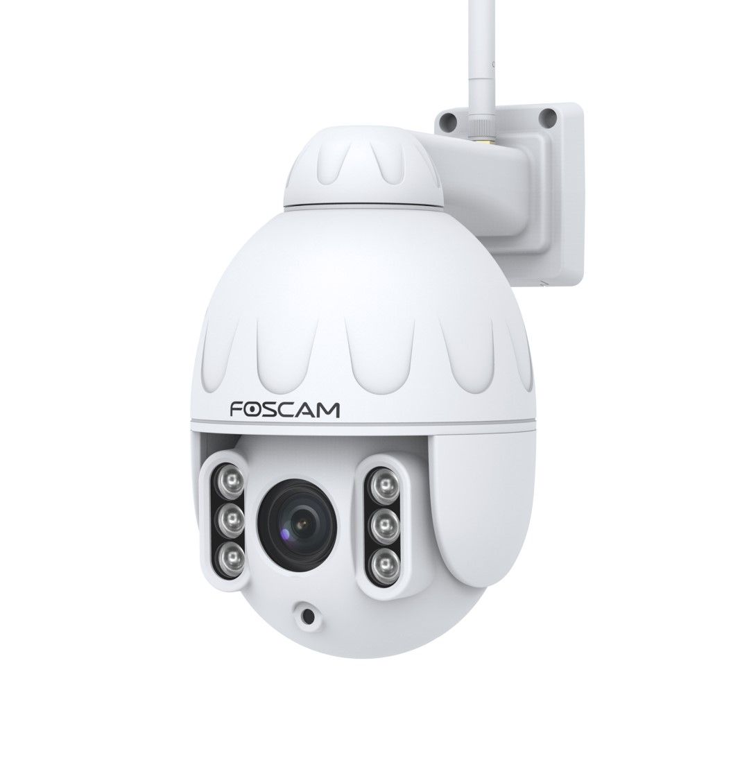 Witte Foscam SD4 outdoor PTZ-beveiligingscamera met 4MP lens, infrarood nachtzicht en draadloze WiFi-antenne.