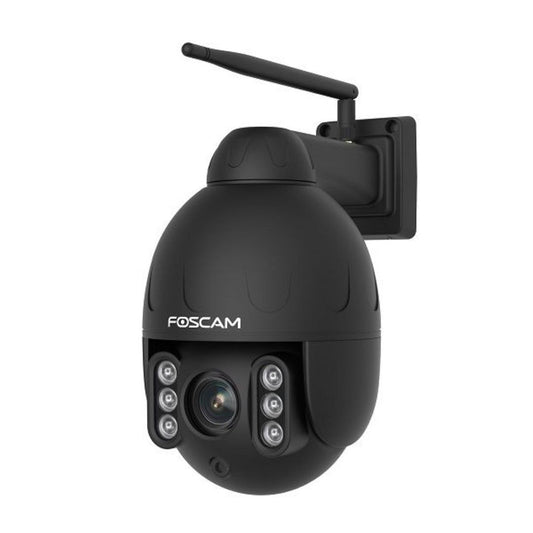 Zwarte Foscam SD4 PTZ beveiligingscamera met WiFi-antenne, 4MP lens en infrarood nachtzicht voor buiten.