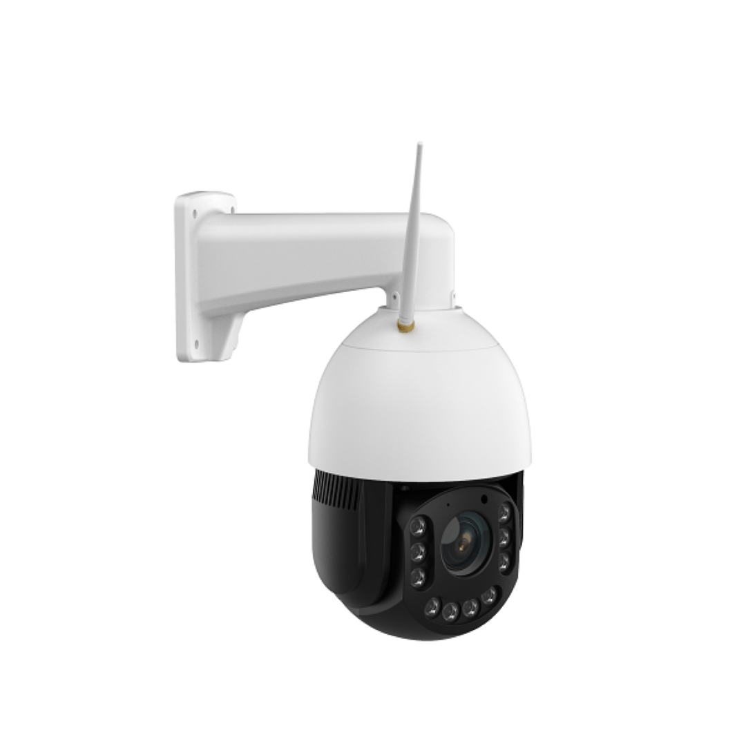 Witte Foscam SD4H outdoor PTZ-beveiligingscamera met 18x zoom, WiFi-antenne en zwarte lensbehuizing op muurbeugel.