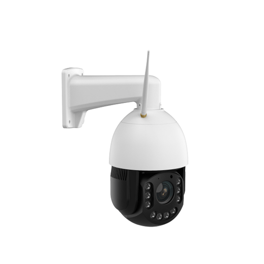 Witte Foscam SD4H outdoor PTZ-beveiligingscamera met 18x zoom, WiFi-antenne en zwarte lensbehuizing op muurbeugel.