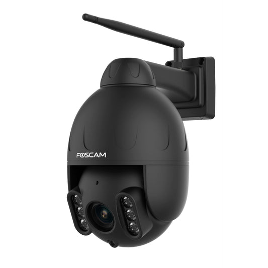 Zwarte Foscam SD4H PTZ-beveiligingscamera voor buiten met WiFi-antenne en 18x optische zoomlens.