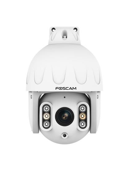 Witte Foscam SD8EP 8MP PoE PTZ-beveiligingscamera met 4x optische zoom en infrarood nachtzicht voor buiten.
