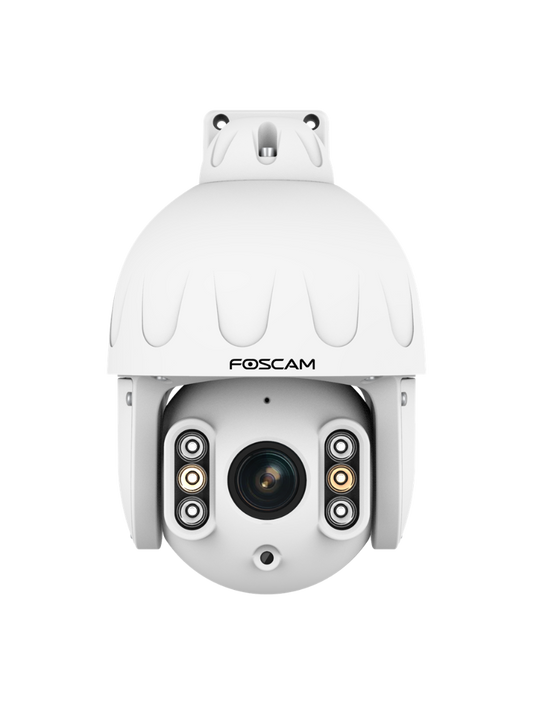 Witte Foscam SD8EP 8MP PoE PTZ-beveiligingscamera met 4x optische zoom en infrarood nachtzicht voor buiten.