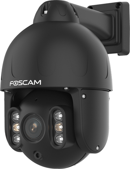 Zwarte Foscam SD8EP 8MP PoE PTZ-beveiligingscamera voor buiten met 4x optische zoom en infrarood nachtzicht.