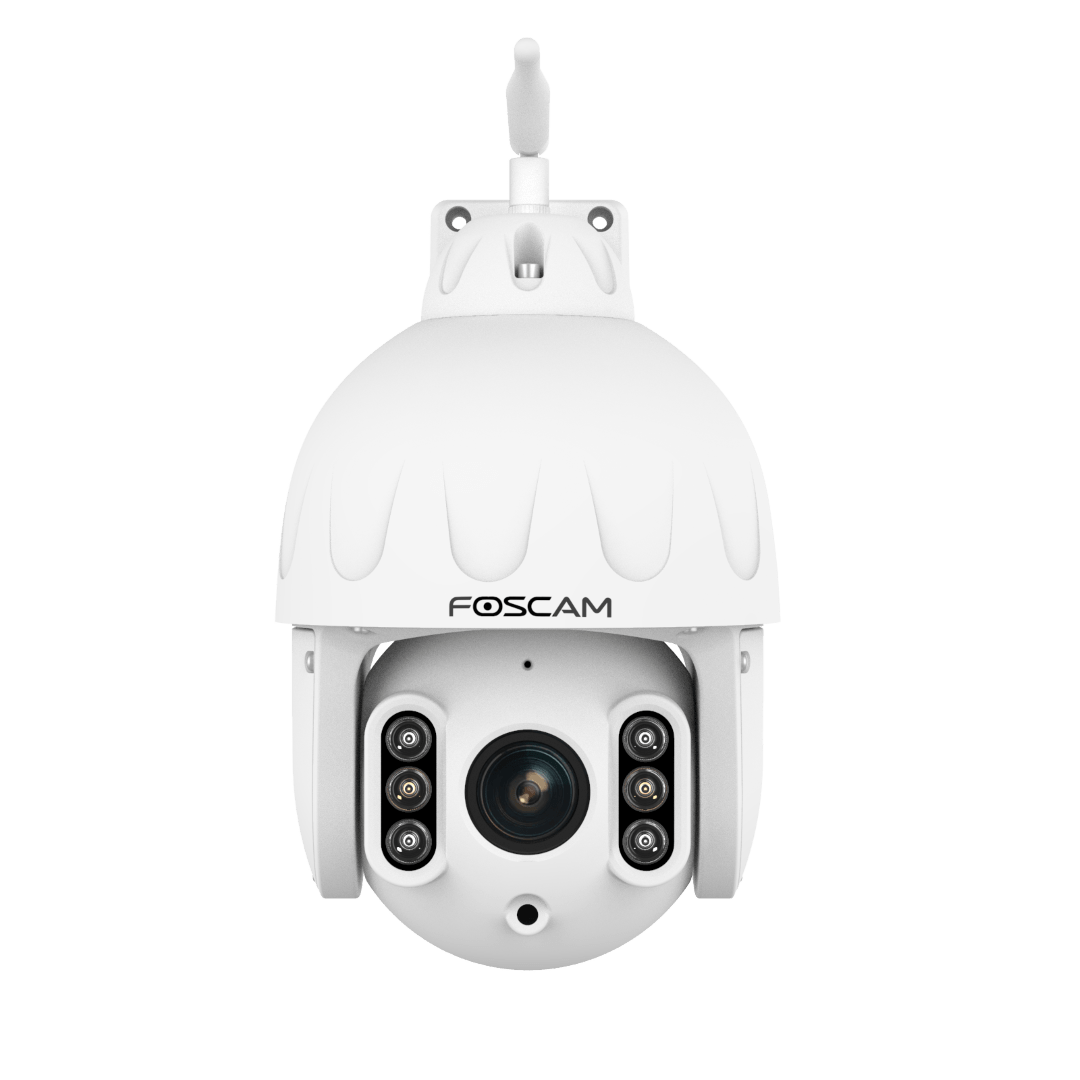 Witte Foscam SD8P 8MP PTZ outdoor beveiligingscamera met 4x optische zoom, infrarood nachtzicht en WiFi-antenne.
