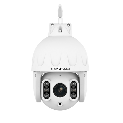 Witte Foscam SD8P 8MP PTZ outdoor beveiligingscamera met 4x optische zoom, infrarood nachtzicht en WiFi-antenne.