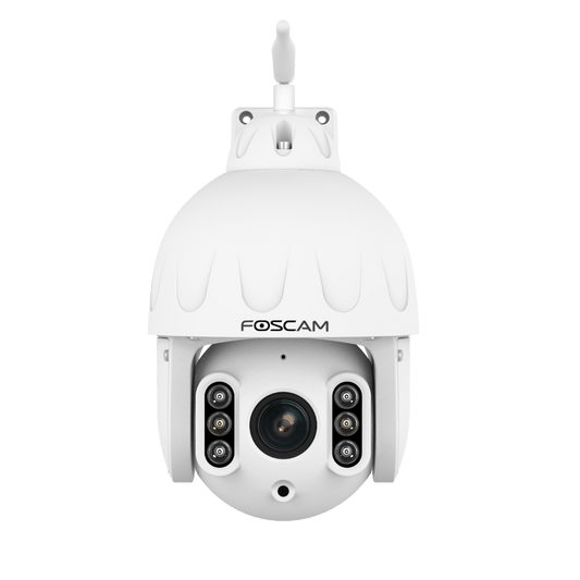 Witte Foscam SD8P 8MP PTZ outdoor beveiligingscamera met 4x optische zoom, infrarood nachtzicht en WiFi-antenne.