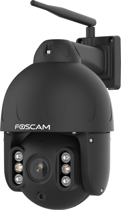 Zwarte Foscam SD8P 8MP PTZ-beveiligingscamera voor buiten met WiFi-antenne en infrarood nachtzicht.