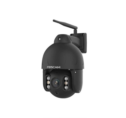 Zwarte Foscam SD8P 8MP outdoor PTZ-beveiligingscamera met WiFi-antenne, 4x optische zoom en infrarood nachtzicht.