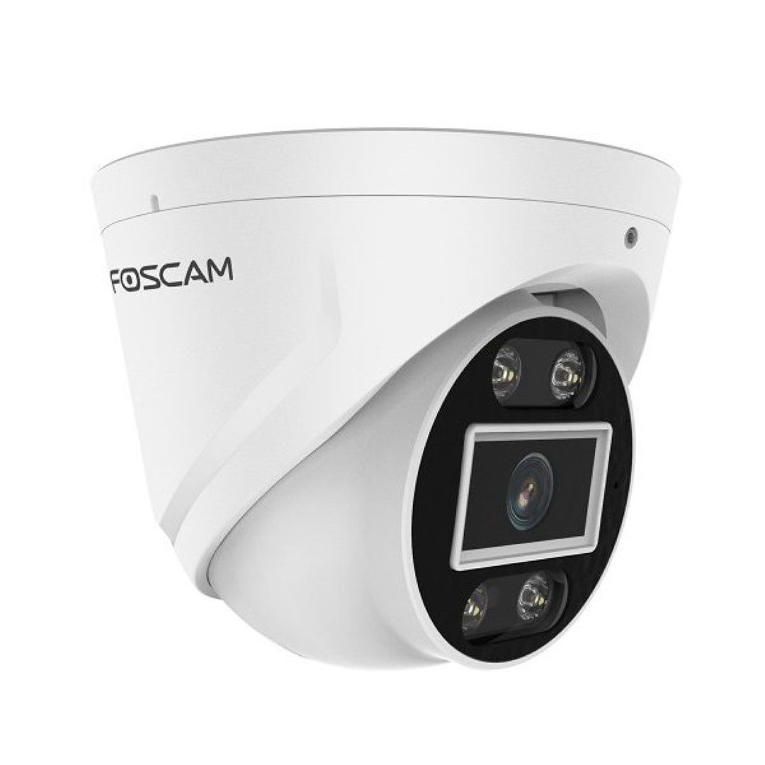 Witte Foscam T5EP 5MP PoE turret beveiligingscamera met spotlight en infrarood voor buiten.