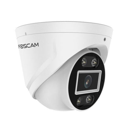 Witte Foscam T5EP 5MP PoE turret beveiligingscamera met spotlight en infrarood voor buiten.