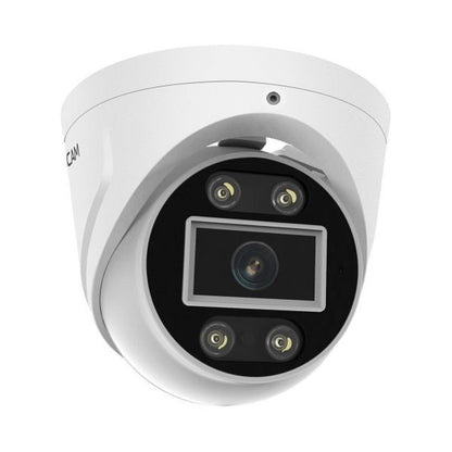 Witte Foscam T5EP 5MP PoE turret beveiligingscamera met spotlight en infraroodsensoren voor buiten.