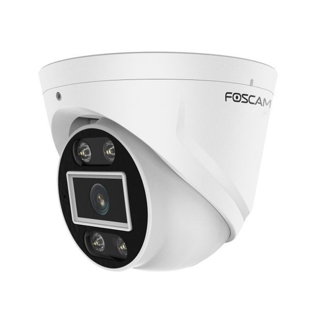 Witte Foscam T8EP 8MP 4K PoE turret beveiligingscamera met spotlight en compact design voor buiten.