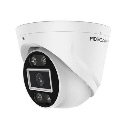 Witte Foscam T8EP 8MP 4K PoE turret beveiligingscamera met spotlight en compact design voor buiten.