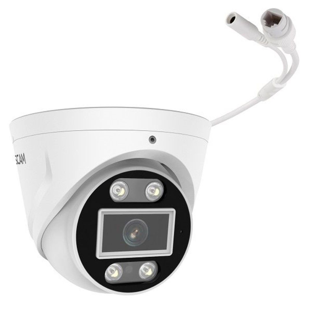 Witte Foscam T8EP 8MP 4K PoE turret beveiligingscamera met spotlight en lens voor buiten.