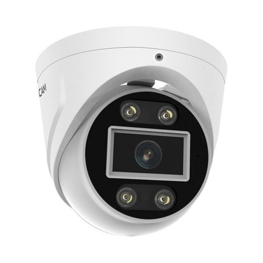 Witte Foscam T8EP 8MP 4K PoE turret beveiligingscamera met spotlight en compact design voor buiten.