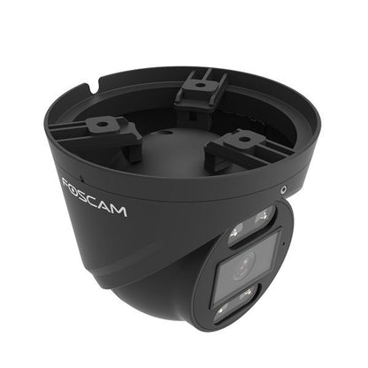 Zwarte Foscam T8EP 8MP 4K PoE turret beveiligingscamera met spotlight en compact design voor buitenmontage.