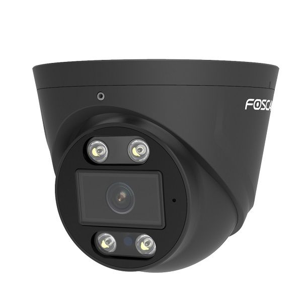 Zwarte Foscam T8EP 8MP 4K PoE turret beveiligingscamera met spotlight en compact design.