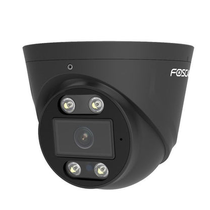 Zwarte Foscam T8EP 8MP 4K PoE turret beveiligingscamera met spotlight en compact design.