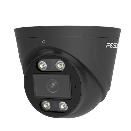 Zwarte Foscam T8EP 8MP 4K PoE turret beveiligingscamera met spotlight en compact design.