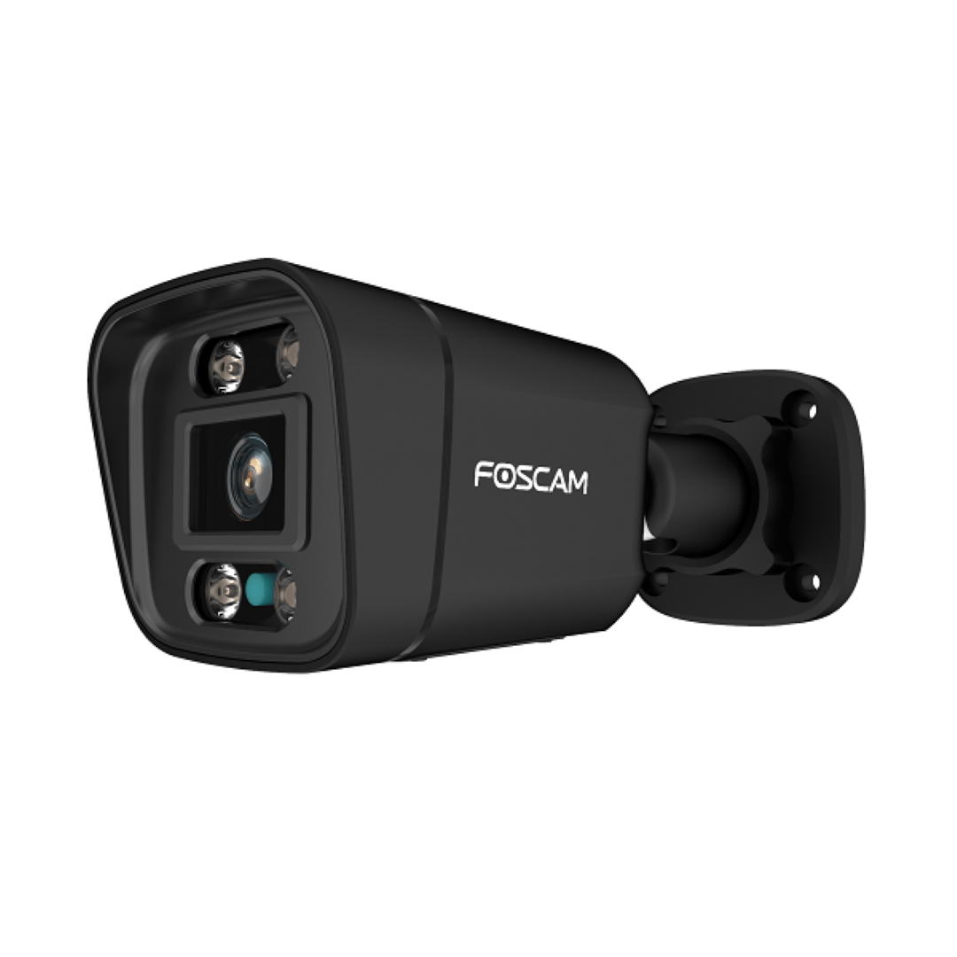 Zwarte Foscam V4EC Starlight outdoor beveiligingscamera met spotlight en 4MP lens voor scherpe nachtbeelden.