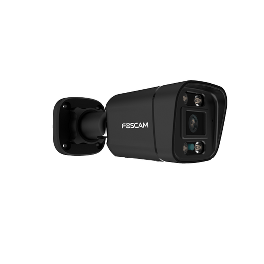 Zwarte Foscam V4EC Starlight outdoor beveiligingscamera met spotlight en wandmontagebeugel.