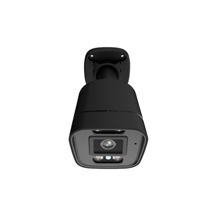 Zwarte Foscam V5EP PoE bullet camera met 5MP lens, ingebouwde spotlight en infrarood sensoren voor buitenbeveiliging.