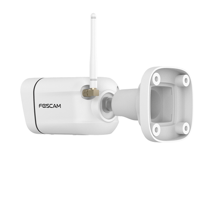 Witte Foscam V5P 5MP outdoor WiFi-beveiligingscamera met verstelbare antenne en muurbevestigingsplaat.