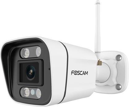 Witte Foscam V5P 5MP outdoor WiFi-beveiligingscamera met spotlight, antenne en wandmontagebeugel.