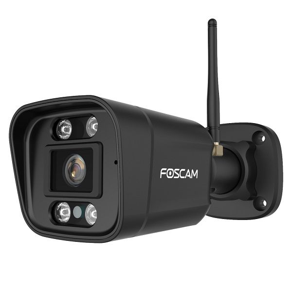 Zwarte Foscam V5P 5MP outdoor beveiligingscamera met WiFi-antenne, spotlight en wandmontagebeugel.