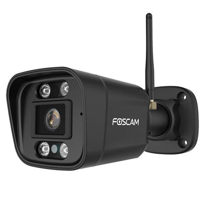Zwarte Foscam V5P 5MP outdoor beveiligingscamera met WiFi-antenne, spotlight en wandmontagebeugel.