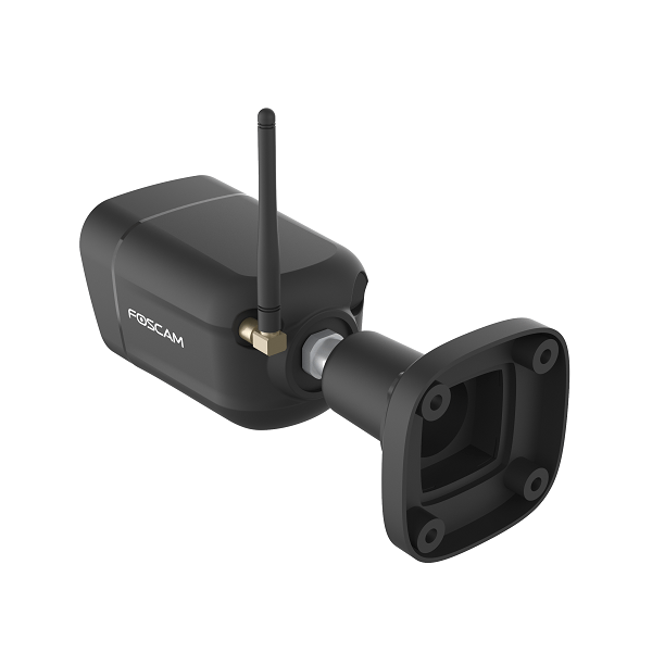 Zwarte Foscam V5P 5MP WiFi beveiligingscamera voor buiten met verstelbare antenne en muurbevestiging.