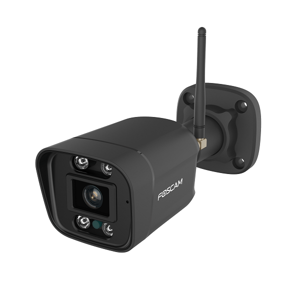 Zwarte Foscam V5P outdoor beveiligingscamera met 5MP lens, spotlight en WiFi-antenne op een muurbeugel.