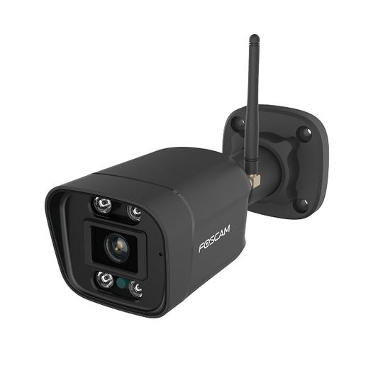 Zwarte Foscam V5P outdoor beveiligingscamera met 5MP lens, spotlight en WiFi-antenne op een muurbeugel.