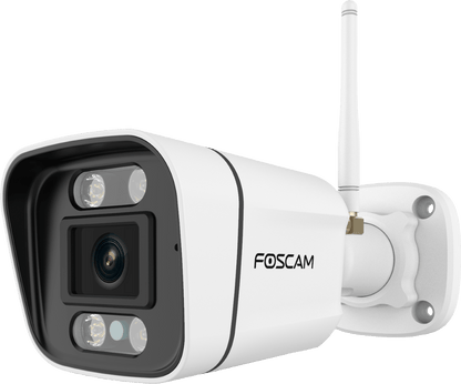 Witte Foscam V8P 8MP WiFi bullet camera voor buiten met spotlight en verstelbare antenne.