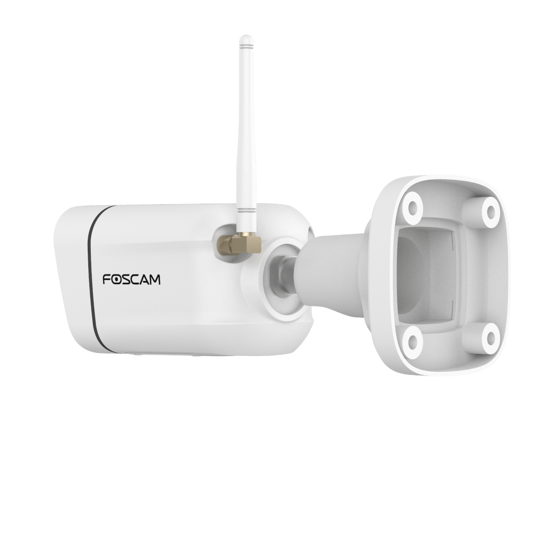 Witte Foscam V8P 8MP WiFi bullet beveiligingscamera met antenne en muurbevestiging.