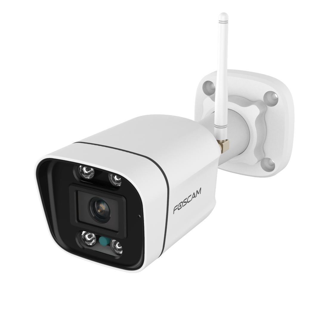 Witte Foscam V8P 8MP WiFi bullet camera voor buiten met spotlight en antenne op een witte achtergrond.
