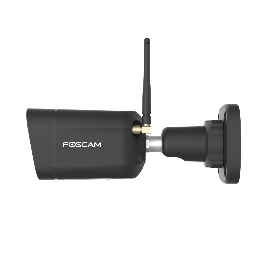 Zwarte Foscam V8P outdoor bullet camera met WiFi-antenne en verstelbare muurbeugel voor beveiliging.