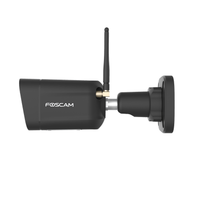 Zwarte Foscam V8P outdoor bullet camera met WiFi-antenne en verstelbare muurbeugel voor beveiliging.