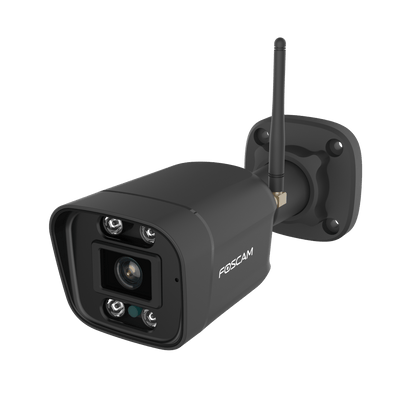 Zwarte Foscam V8P 8MP WiFi bullet camera met spotlight en antenne voor buitenbeveiliging.