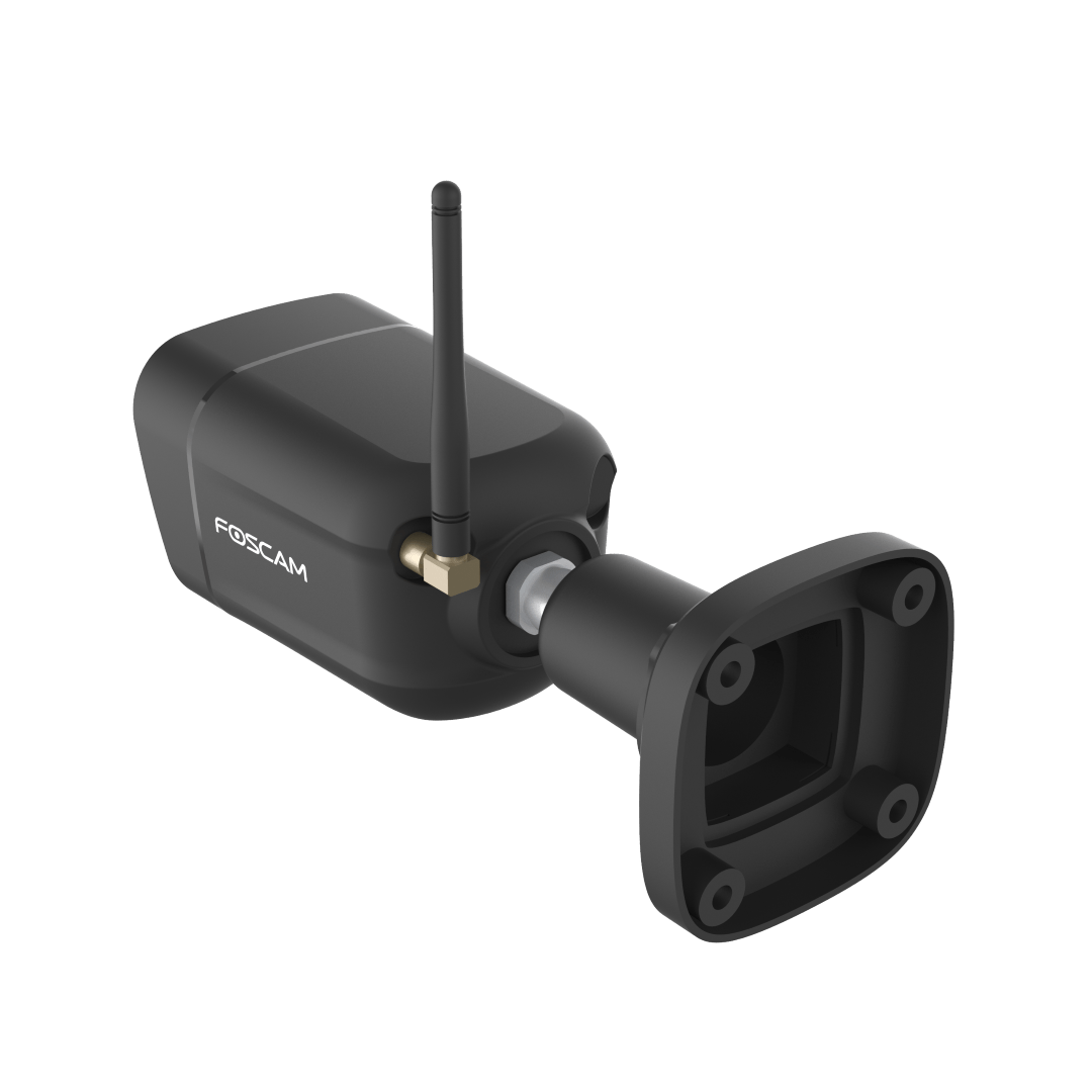 Zwarte Foscam V8P WiFi bullet camera met antenne en verstelbare muurbeugel voor buitenbeveiliging.