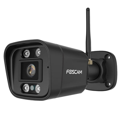 Zwarte Foscam V8P 8MP WiFi bullet camera met spotlight en antenne voor buitenbeveiliging.