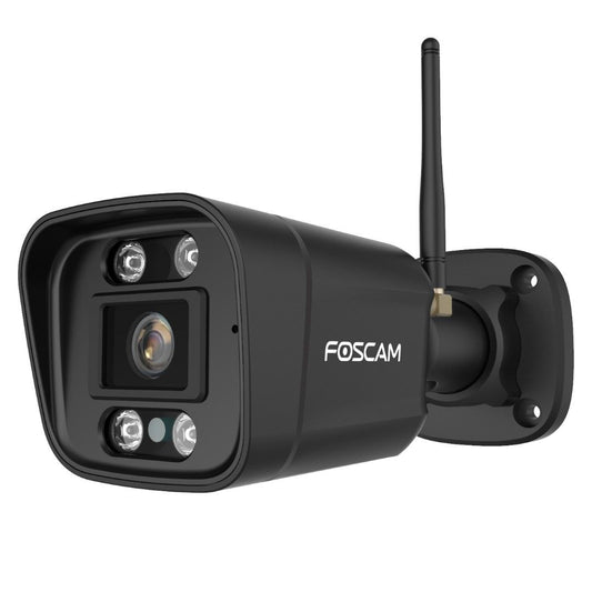 Zwarte Foscam V8P 8MP WiFi bullet camera met spotlight en antenne voor buitenbeveiliging.