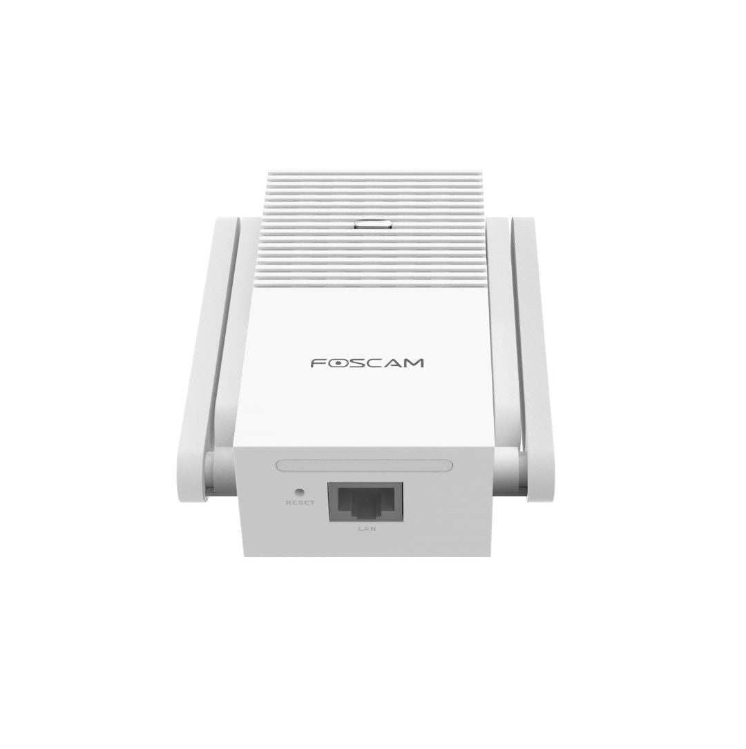 Witte Foscam VC1 WiFi gong met twee antennes, LAN-poort en resetknop in een strak, modern design.