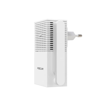 Witte Foscam VC1 slimme WiFi-gong met stopcontactstekker, luidsprekerrooster en LED-indicatoren voor deurbelmeldingen.